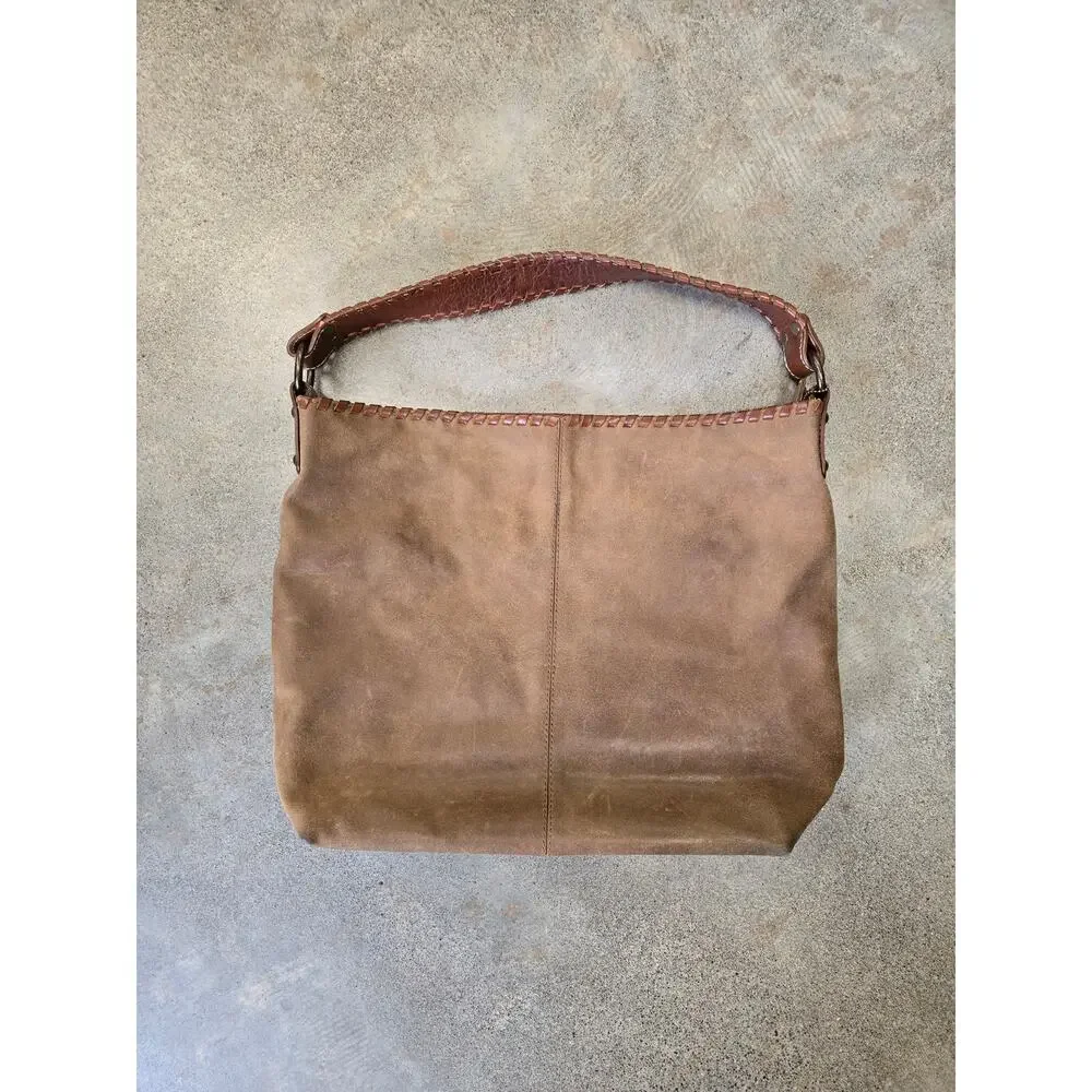Nino Bossi Vintage Boho Whipstitch‎ Brown Leather Hobo Bag Shoulder Purse Medium